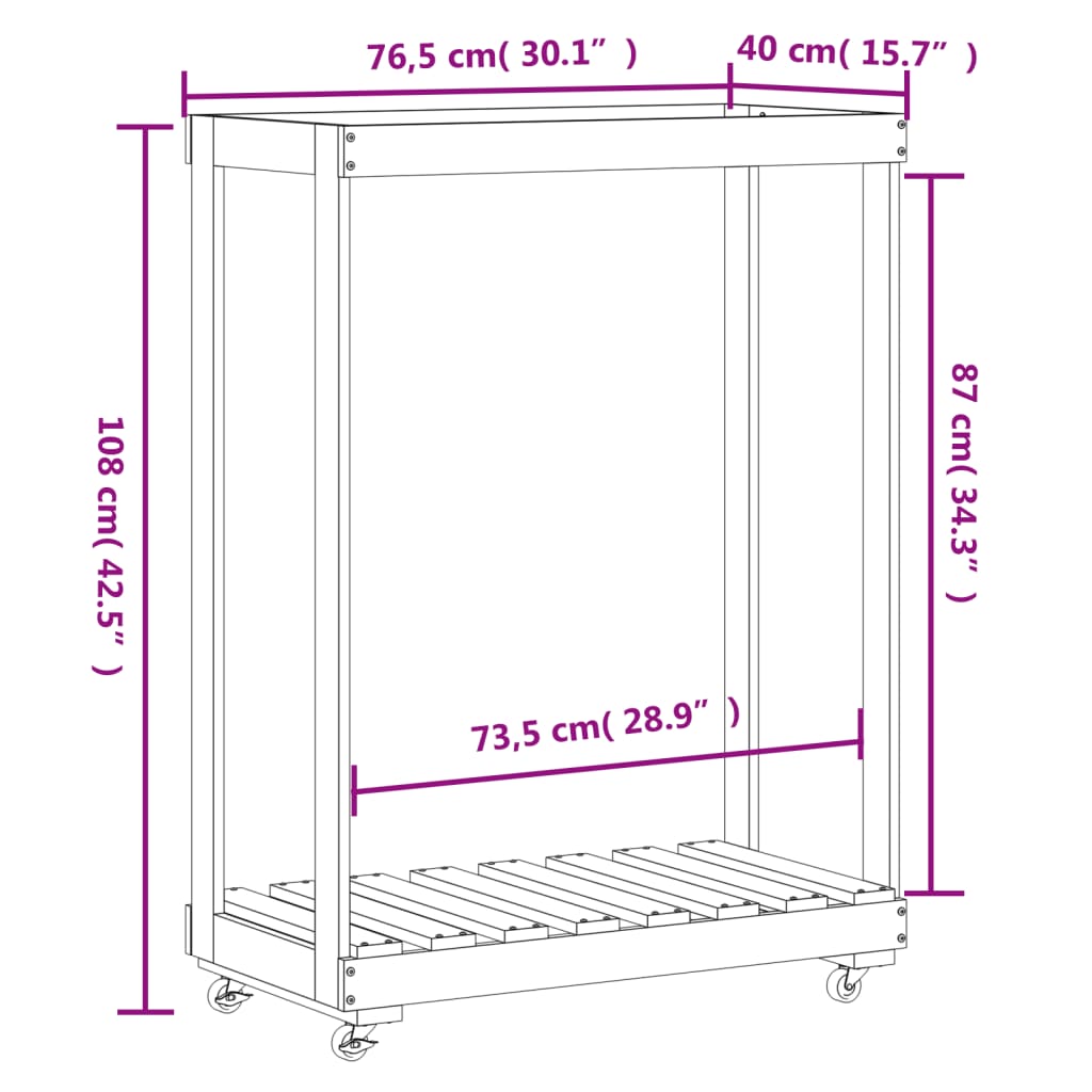 Portalegna con Ruote 76,5x40x108 cm Legno Massello di Pino - homemem39