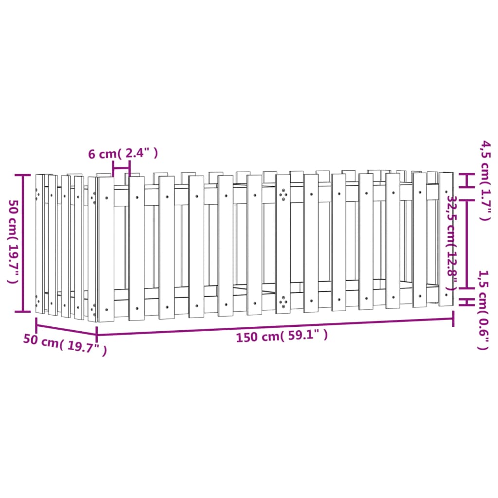 Fioriera Giardino a Recinzione Nera 150x50x50cm Massello Pino - homemem39