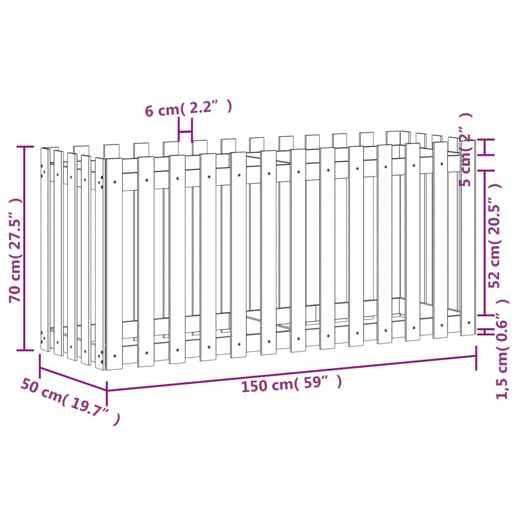 Fioriera Rialzata Giardino a Recinzione 150x50x70cm Legno Pino - homemem39