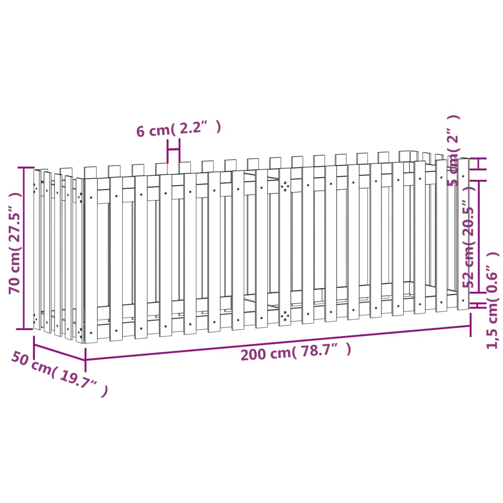 Fioriera Giardino a Recinzione Bianca 200x50x70cm Massello Pino - homemem39