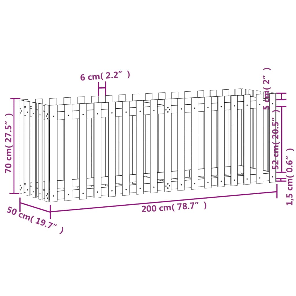 Fioriera Giardino a Recinzione Nera 200x50x70cm Massello Pino - homemem39