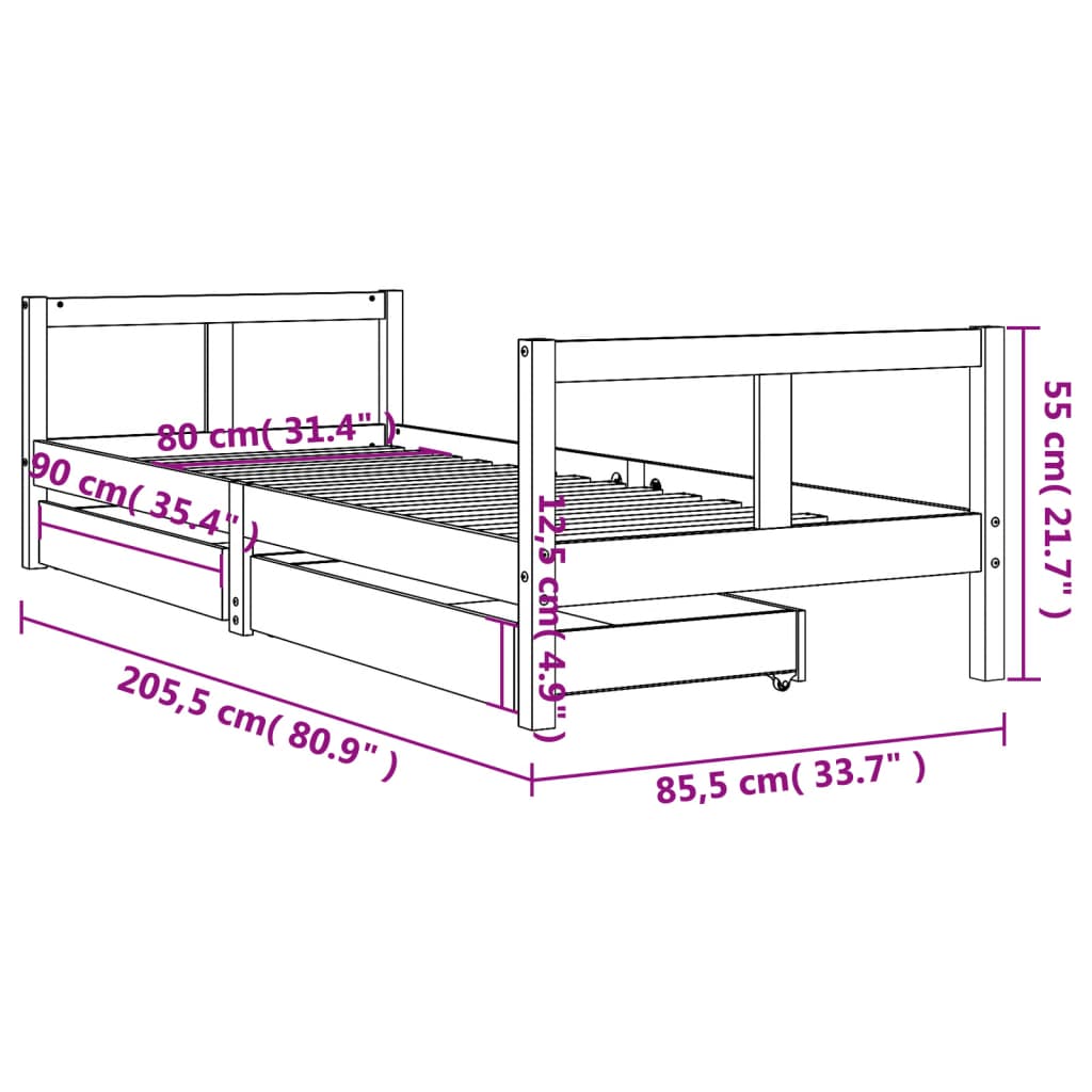 Giroletto Bambini con Cassetti Nero 80x200cm Massello di Pino - homemem39