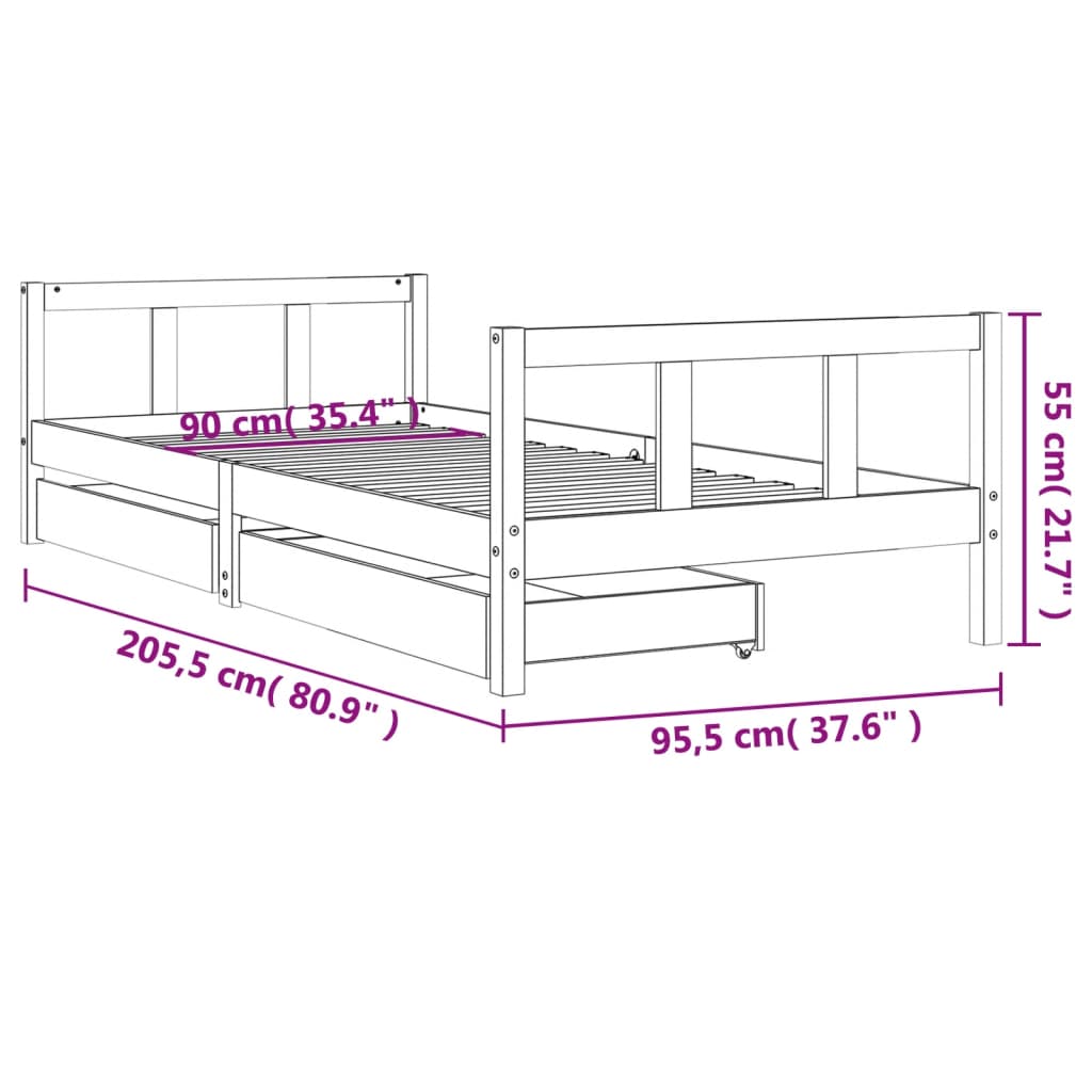 Giroletto Bambini con Cassetti Nero 90x200cm Massello di Pino - homemem39