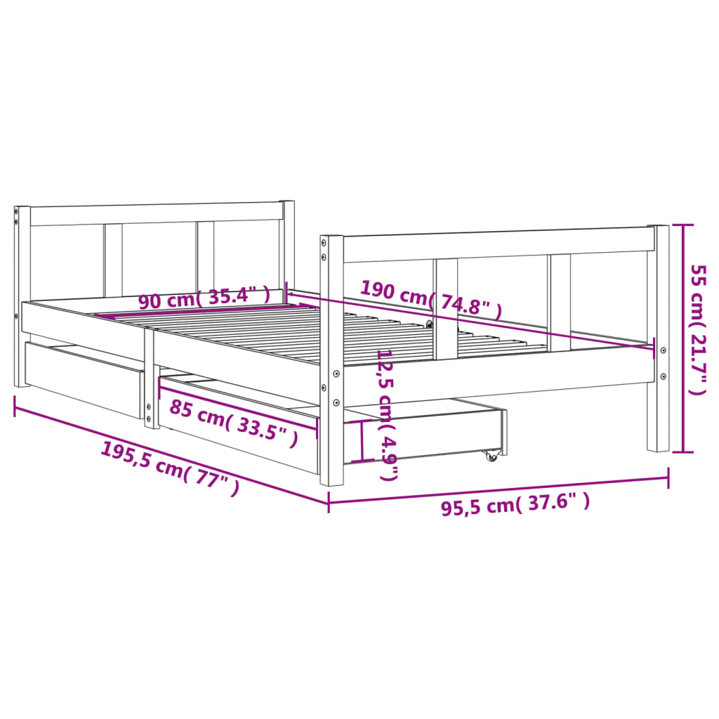 Giroletto Bambini con Cassetti Bianco 90x190 cm Massello Pino - homemem39