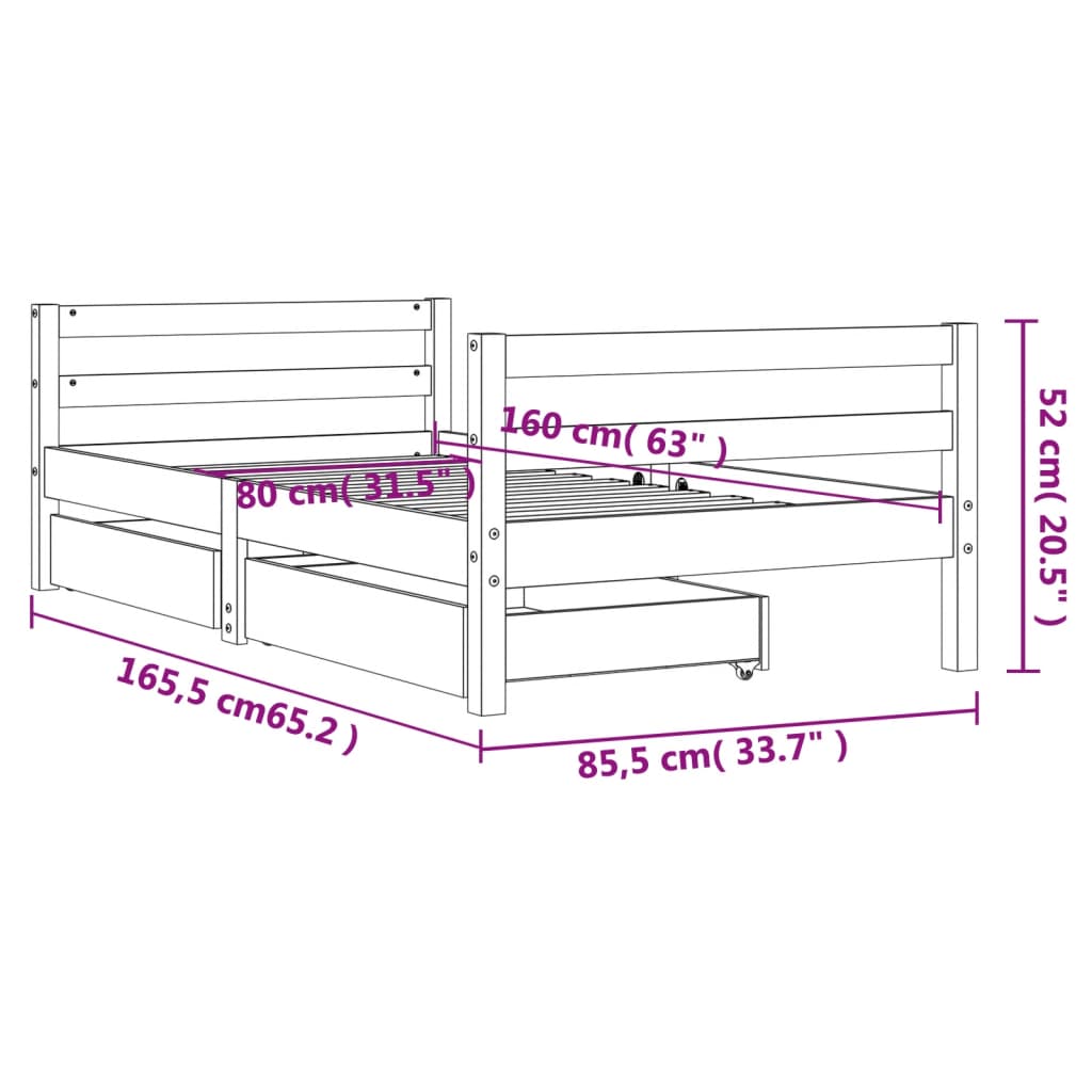 Giroletto per Bambini con Cassetti Nero 80x160 cm Massello Pino - homemem39