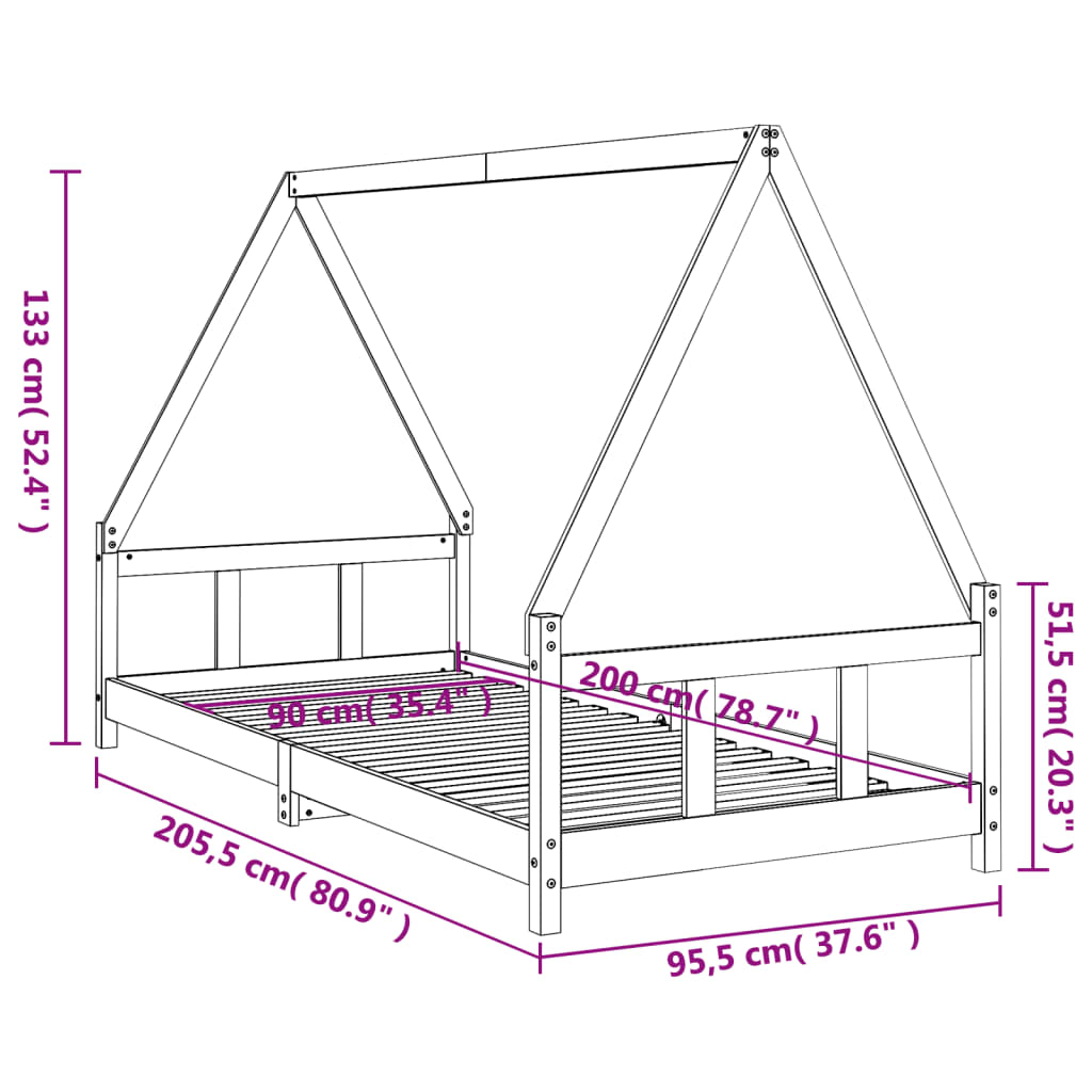 Giroletto per Bambini Nero 90x200 cm in Legno Massello di Pino - homemem39