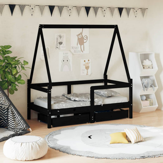 Giroletto Bambini con Cassetti Nero 70x140cm Massello di Pino - homemem39