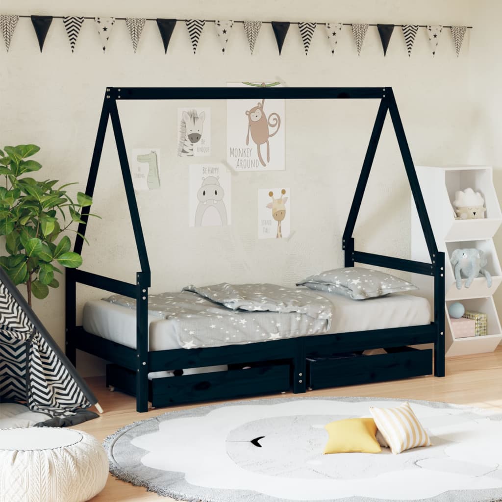 Giroletto per Bambini con Cassetti Nero 80x160 cm Massello Pino - homemem39