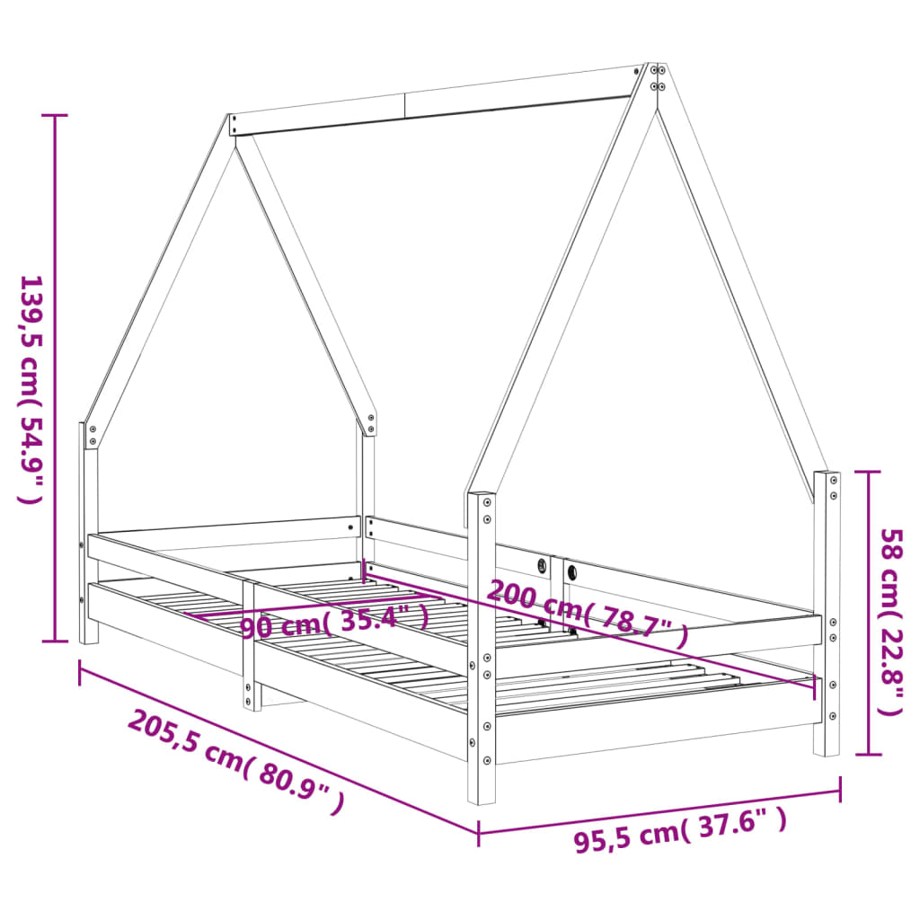 Giroletto per Bambini Nero 90x200 cm in Legno Massello di Pino - homemem39