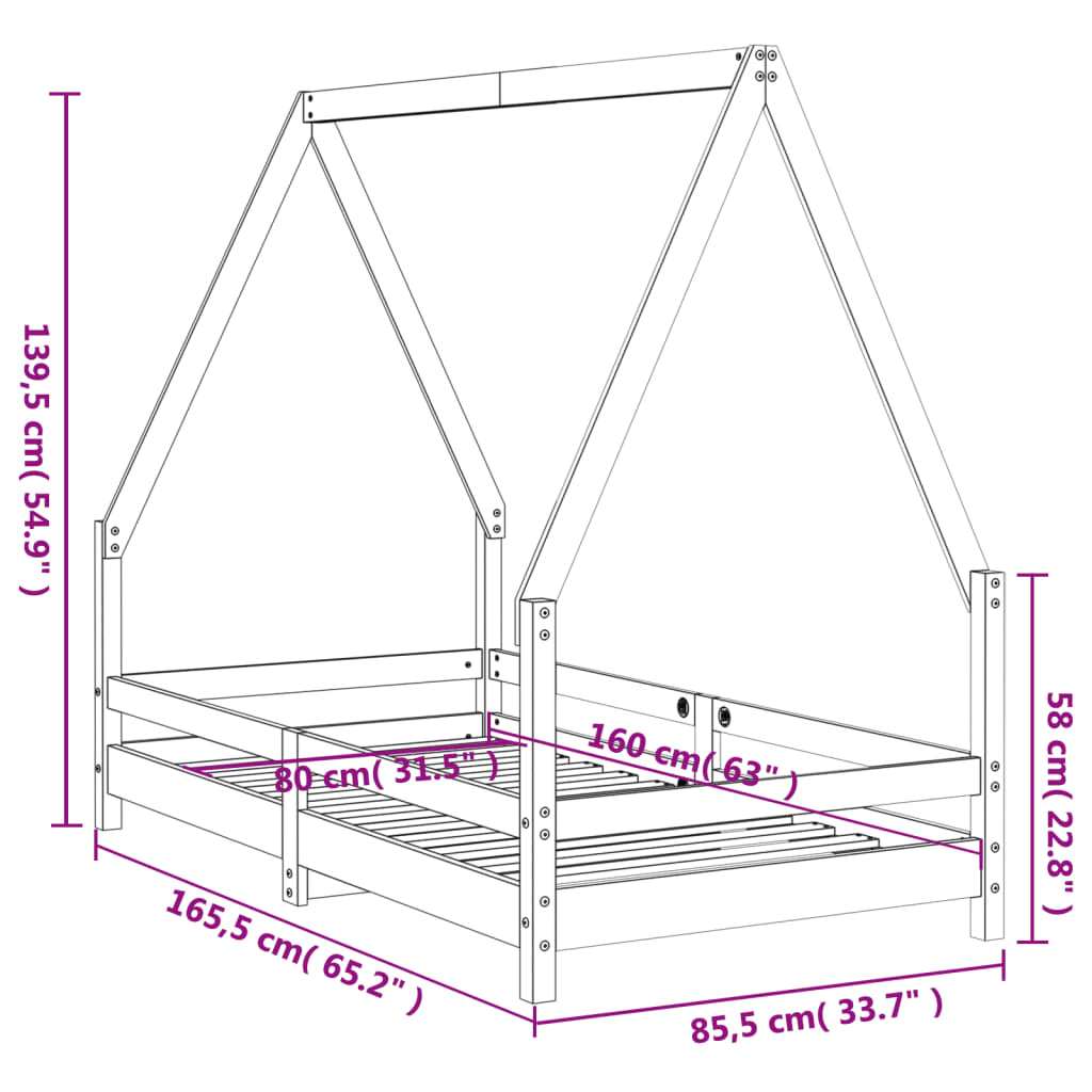 Giroletto per Bambini Nero 80x160 cm in Legno Massello di Pino - homemem39