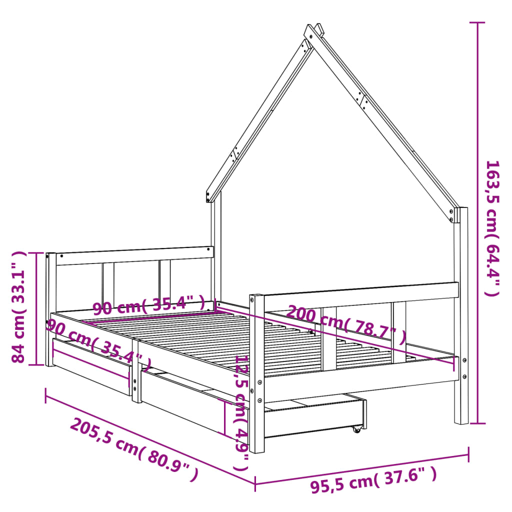 Giroletto Bambini con Cassetti 90x200 cm Legno Massello di Pino - homemem39