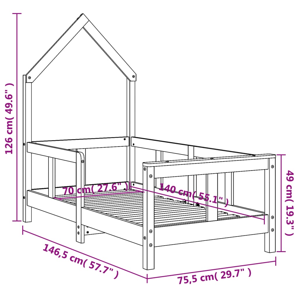 Giroletto per Bambini Nero 70x140 cm in Legno Massello di Pino - homemem39