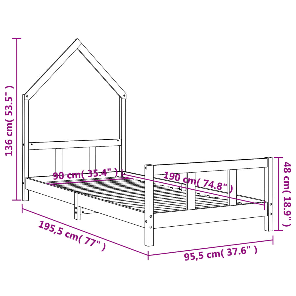 Giroletto per Bambini Nero 90x190 cm in Legno Massello di Pino - homemem39