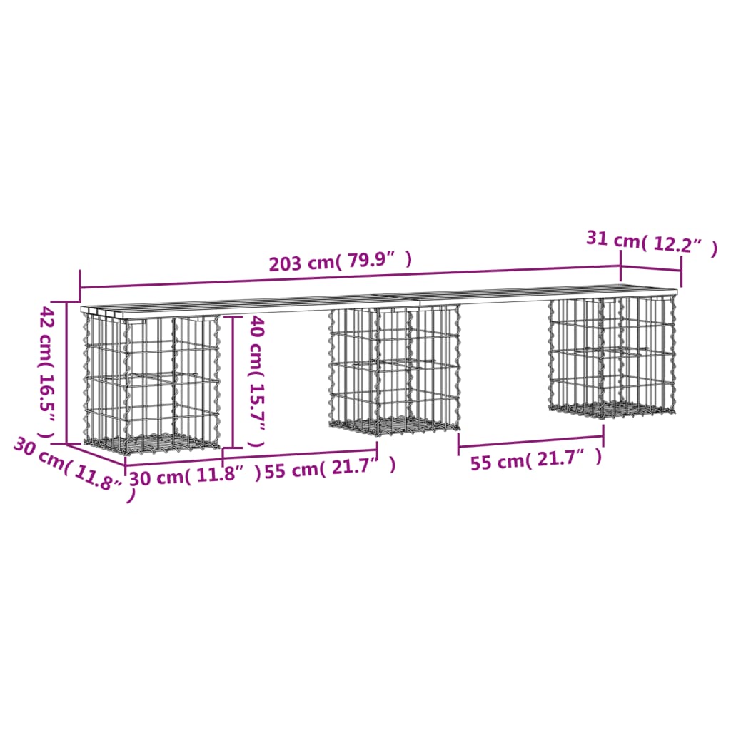 Panca Giardino Design Gabbione 203x31x42 cm Legno Massello Pino - homemem39