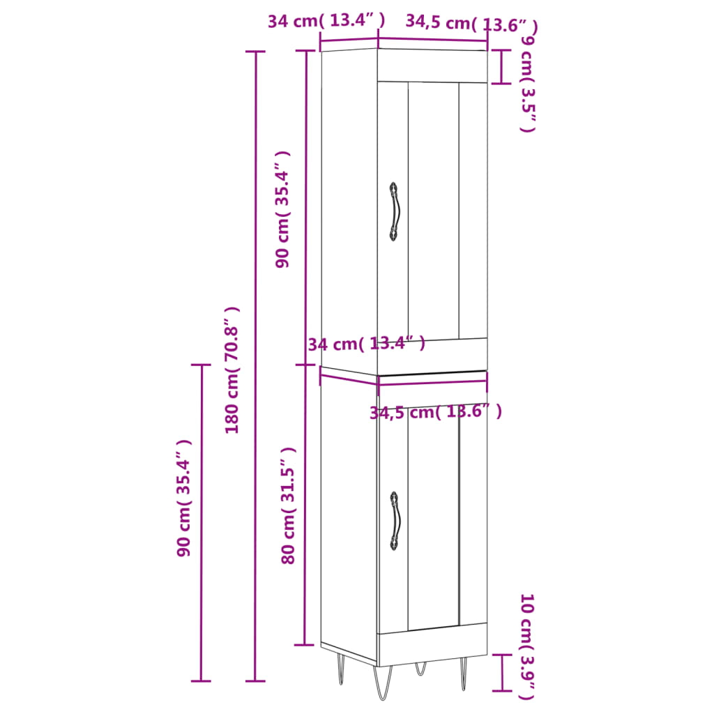 Credenza 34,5x34x180 cm in Legno Multistrato Bianco Lucido - homemem39