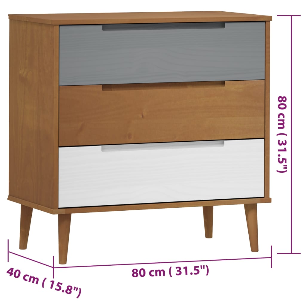 Cassettiera MOLDE Marrone 80x40x80 cm in Legno Massello di Pino - homemem39