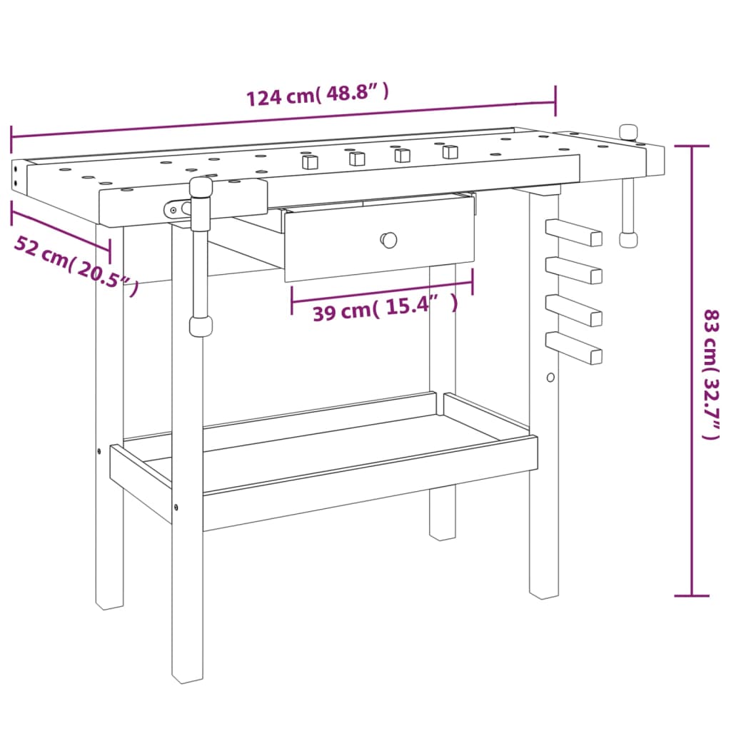 Banco Lavoro Cassetto e Morse 92x48x83 cm Legno Massello Acacia - homemem39