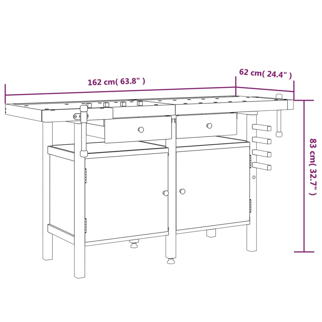 Banco Lavoro Cassetti e Morse 162x62x83cm Legno Massello Acacia - homemem39