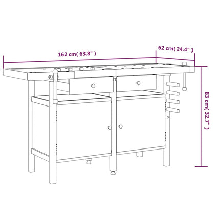 Banco Lavoro Cassetti e Morse 162x62x83cm Legno Massello Acacia - homemem39