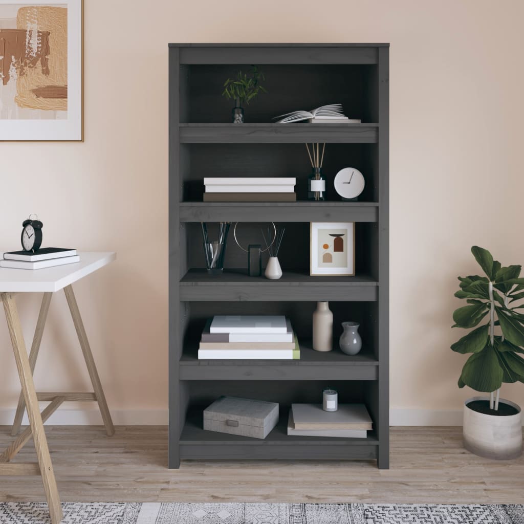 Libreria Grigia 80x35x154 cm in Legno Massello di Pino - homemem39