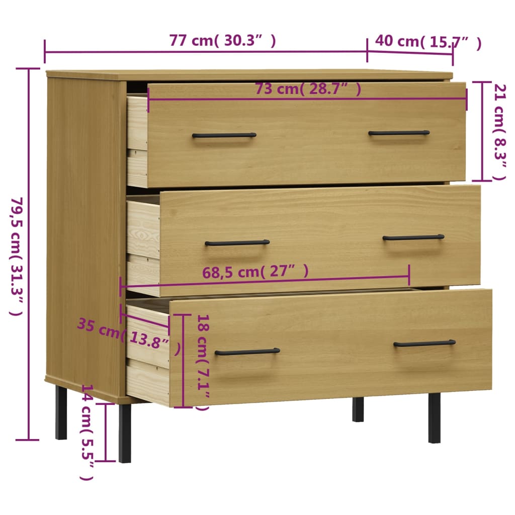 Credenza 3 Cassetti Marrone 77x40x79,5 cm Legno Massello OSLO - homemem39