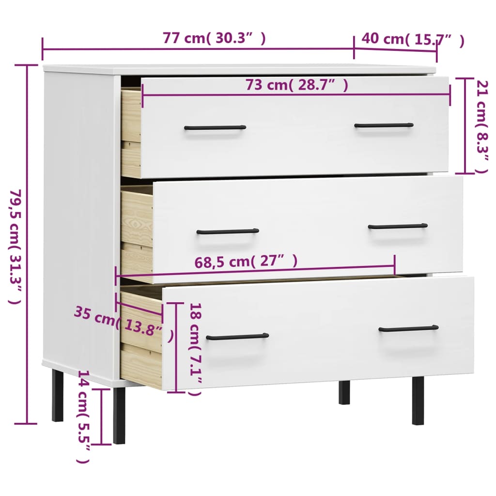 Credenza con 3 Cassetti Bianca 77x40x79,5cm Legno Massello OSLO - homemem39