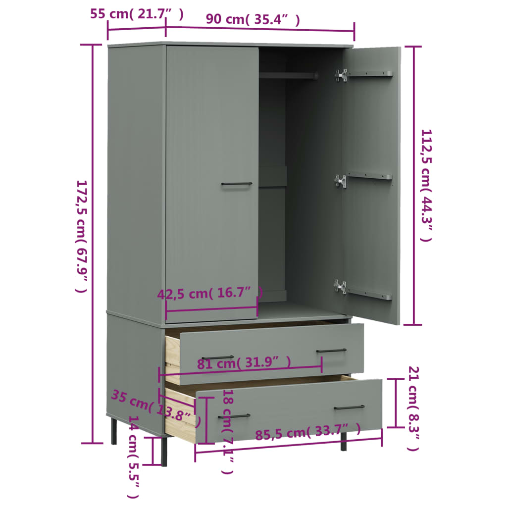 Armadio Gambe Metallo Grigio 90x55x172,5 cm Legno Massello OSLO - homemem39