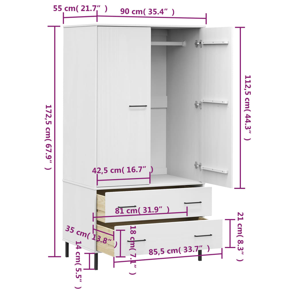 Armadio Gambe Metallo Bianco 90x55x172,5 cm Legno Massello OSLO - homemem39