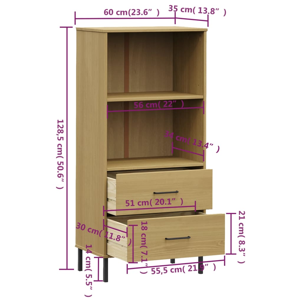 Libreria 2 Cassetti Marrone 60x35x128,5 cm Legno Massello OSLO - homemem39