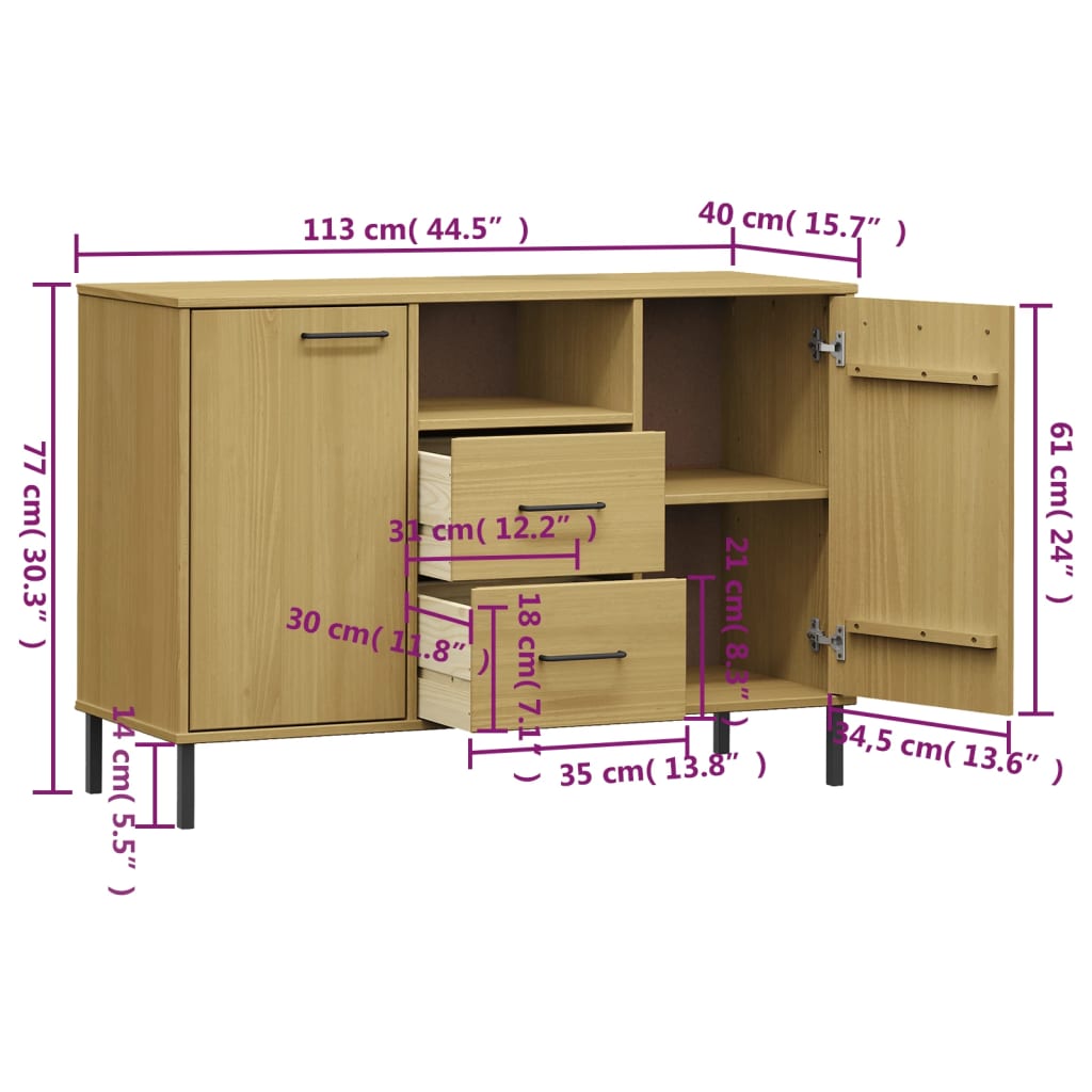 Credenza Gambe Metallo Marrone 113x40x77 cm Legno Massello OSLO - homemem39