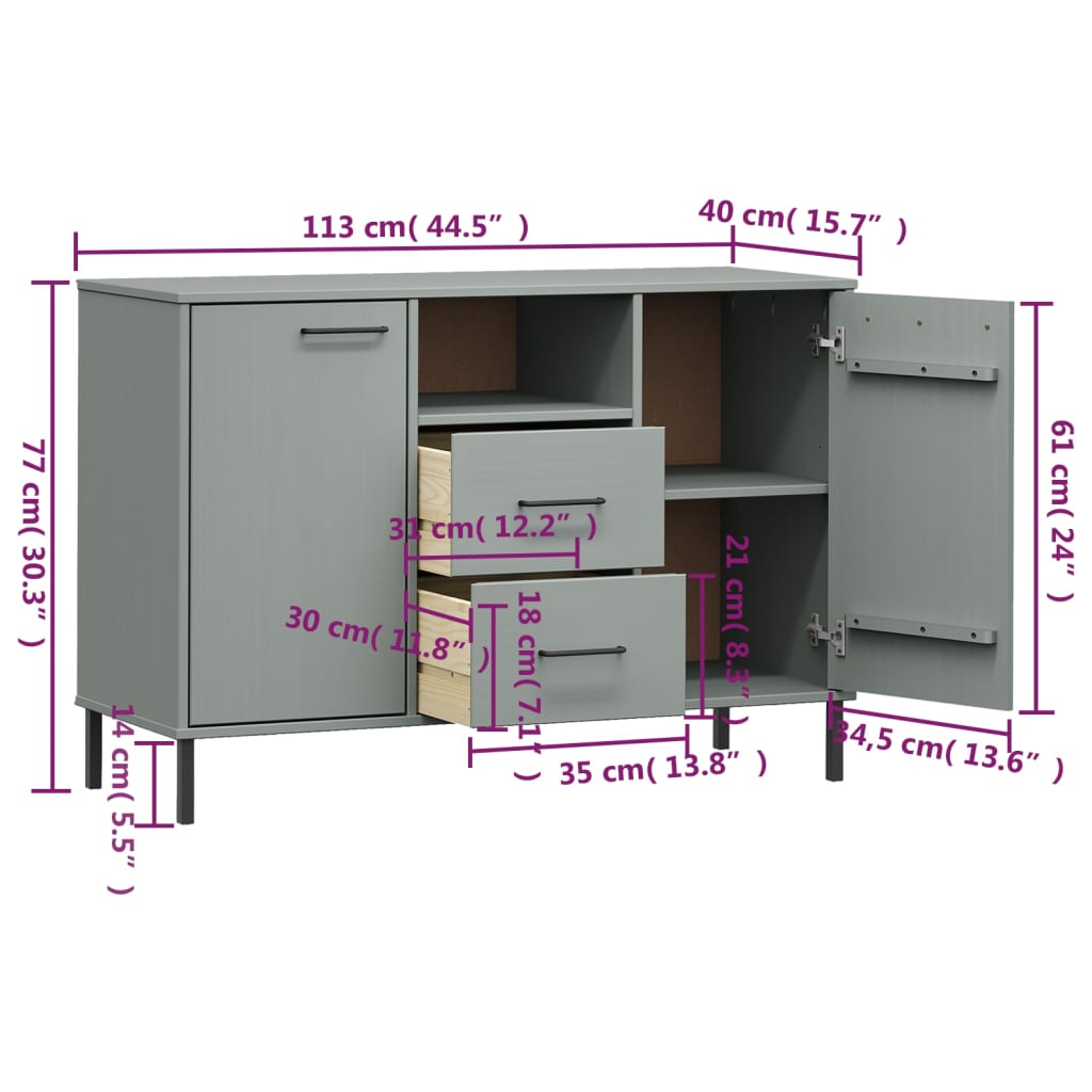 Credenza Gambe Metallo Grigio 113x40x77 cm Legno Massello OSLO - homemem39