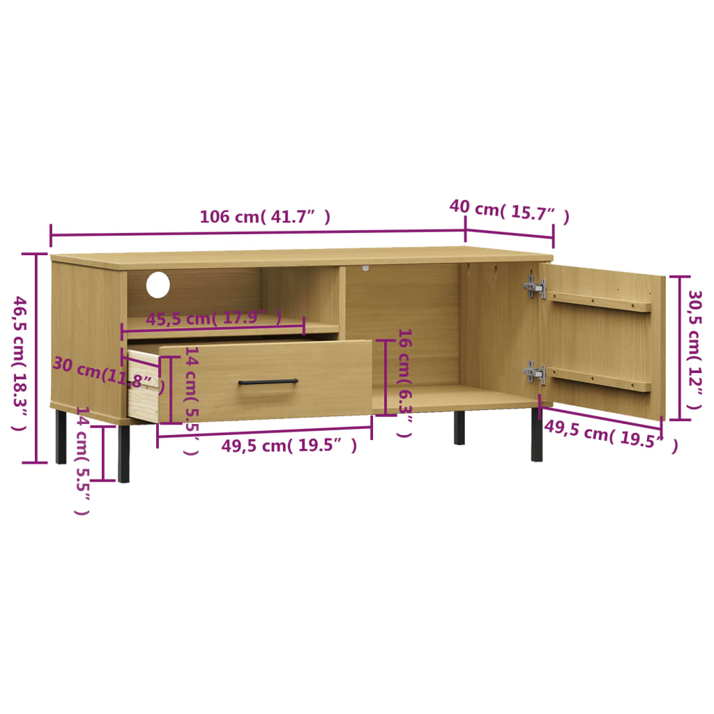 Mobile TV con Gambe Metallo Marrone Legno Massello di Pino OSLO - homemem39