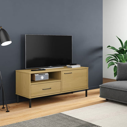 Mobile TV con Gambe Metallo Marrone Legno Massello di Pino OSLO - homemem39