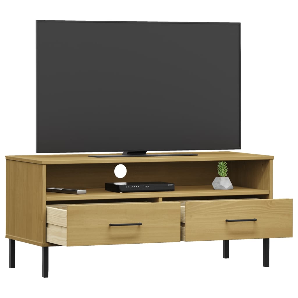 Mobile TV con Gambe Metallo Marrone Legno Massello di Pino OSLO - homemem39