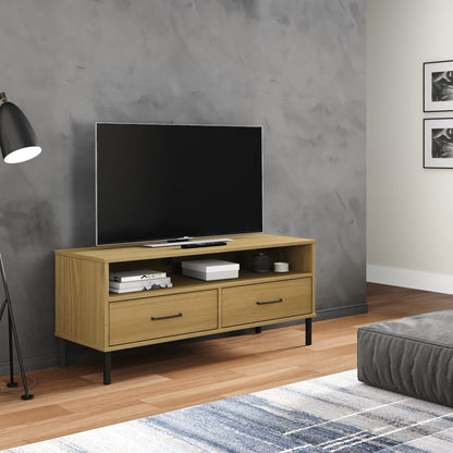 Mobile TV con Gambe Metallo Marrone Legno Massello di Pino OSLO - homemem39