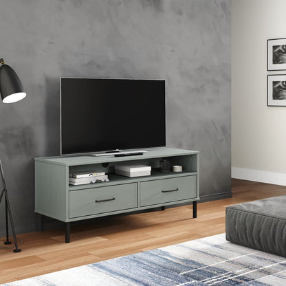 Mobile TV con Gambe Metallo Grigio Legno Massello di Pino OSLO - homemem39