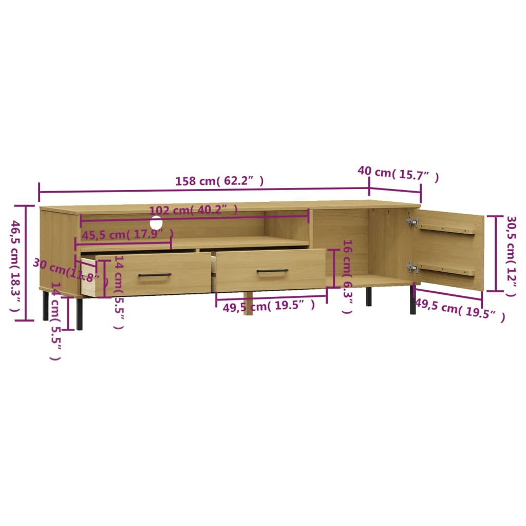 Mobile TV con Gambe Metallo Marrone Legno Massello di Pino OSLO - homemem39