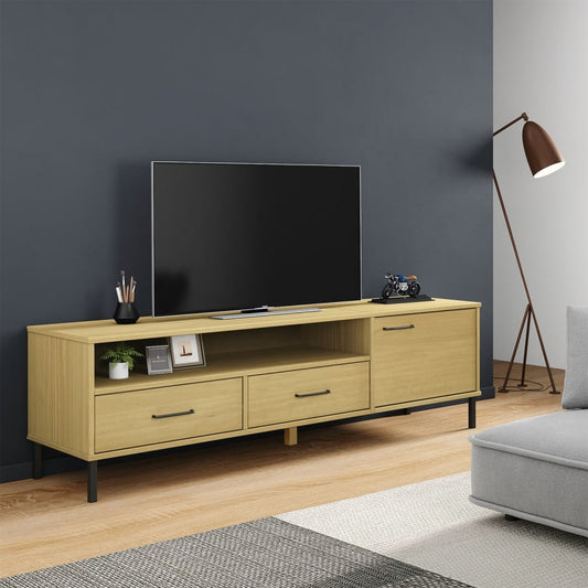 Mobile TV con Gambe Metallo Marrone Legno Massello di Pino OSLO - homemem39