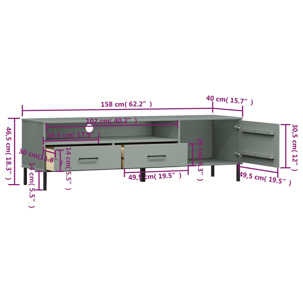 Mobile TV con Gambe Metallo Grigio Legno Massello di Pino OSLO - homemem39