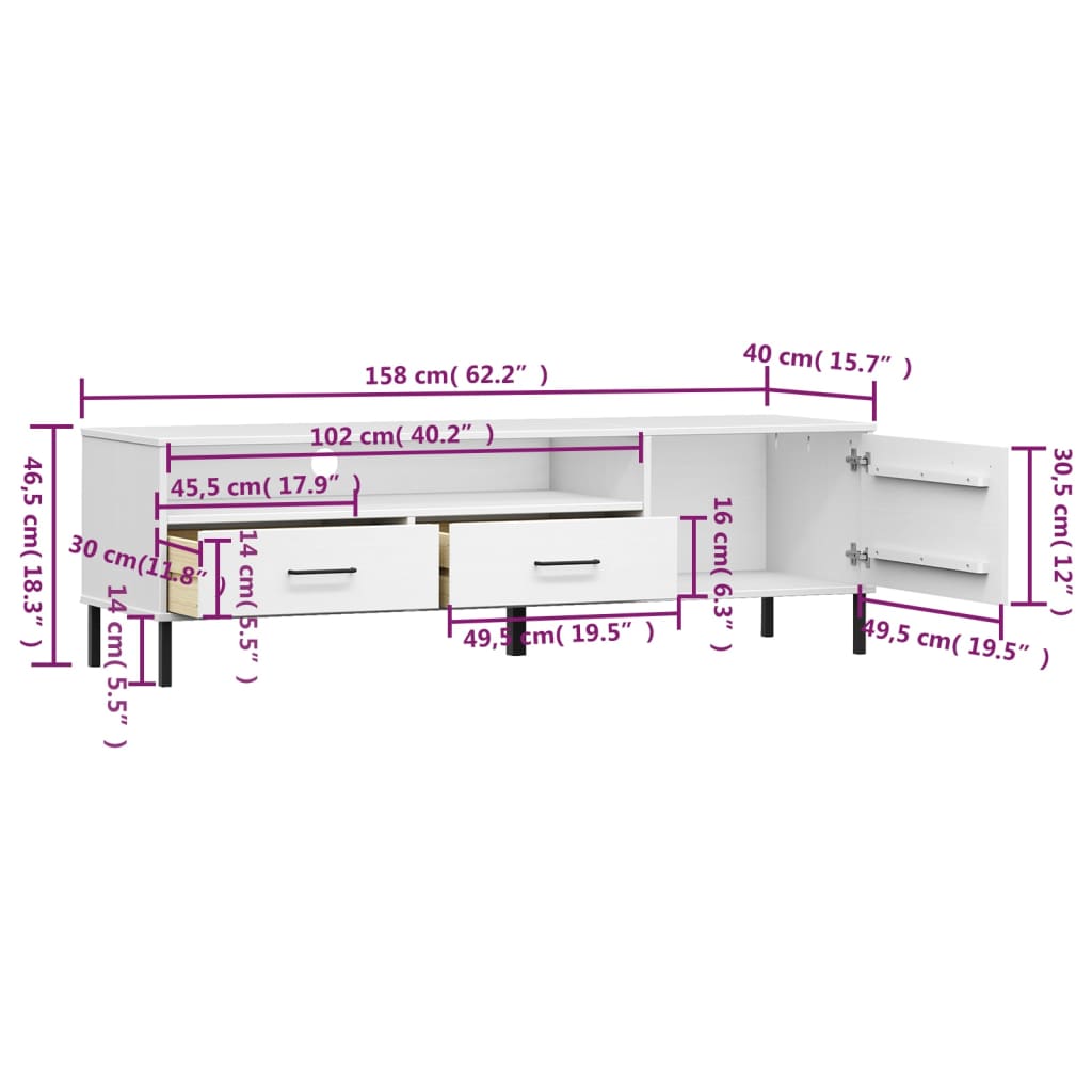 Mobile TV con Gambe Metallo Bianco Legno Massello di Pino OSLO - homemem39