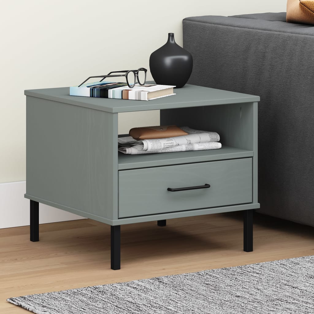 Comodino con Gambe in Metallo Grigio Legno Massello Pino OSLO - homemem39