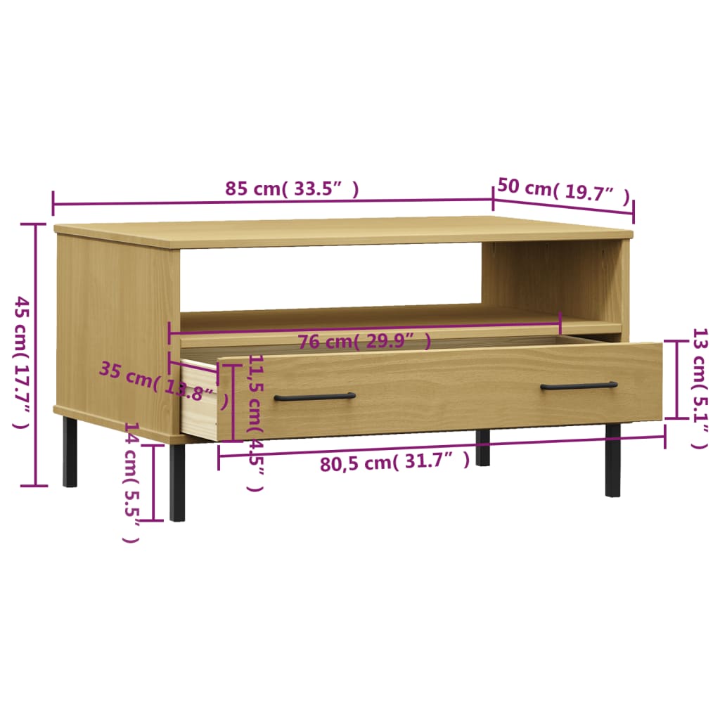 Tavolino Gambe Metallo Marrone 85x50x45 cm Legno Massello OSLO - homemem39