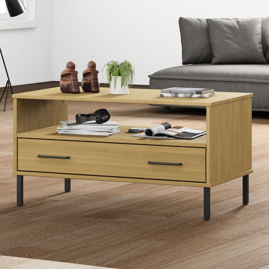 Tavolino Gambe Metallo Marrone 85x50x45 cm Legno Massello OSLO - homemem39