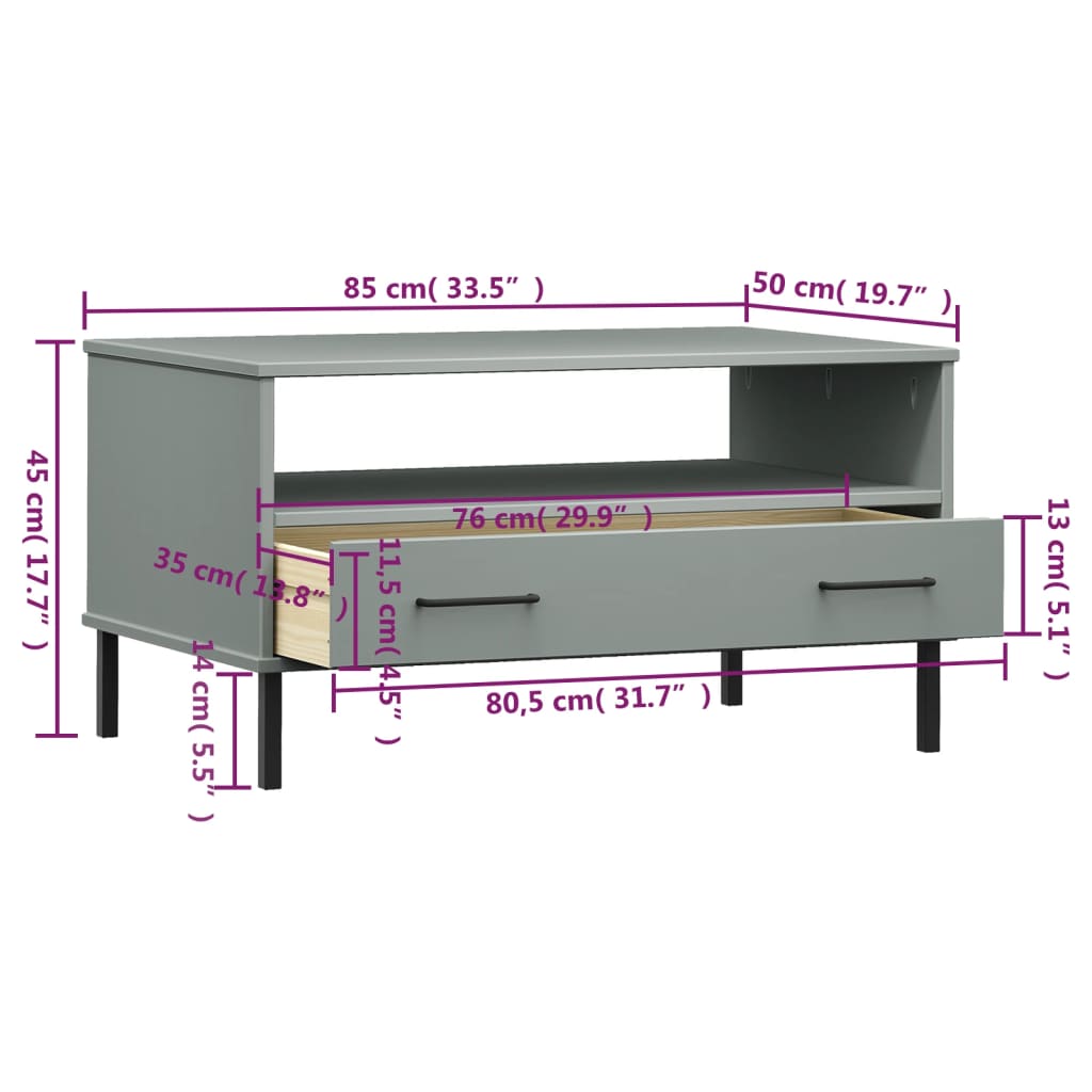 Tavolino Gambe Metallo Grigio 85x50x45 cm Legno Massello OSLO - homemem39