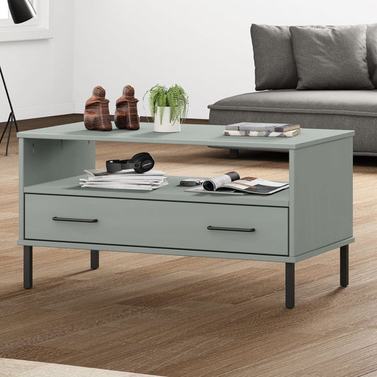 Tavolino Gambe Metallo Grigio 85x50x45 cm Legno Massello OSLO - homemem39