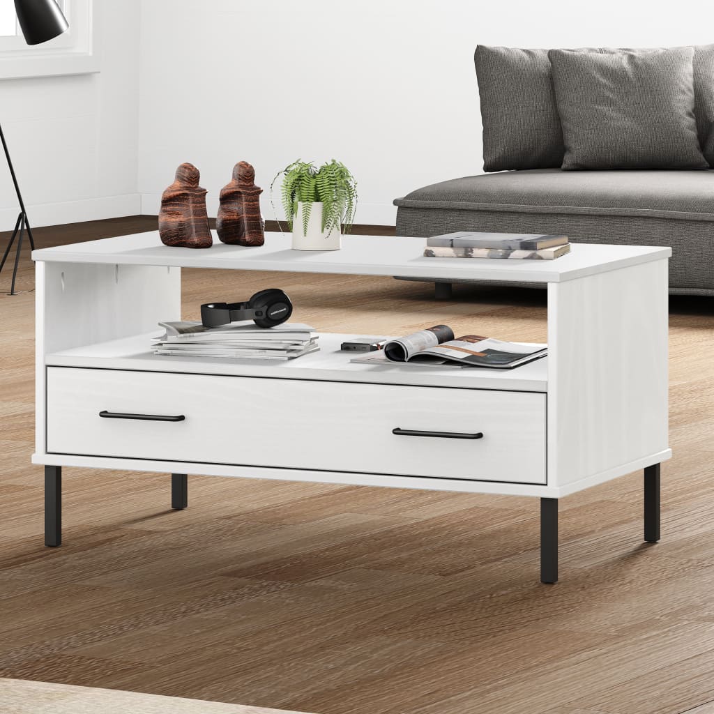 Tavolino Gambe Metallo Bianco 85x50x45 cm Legno Massello OSLO - homemem39