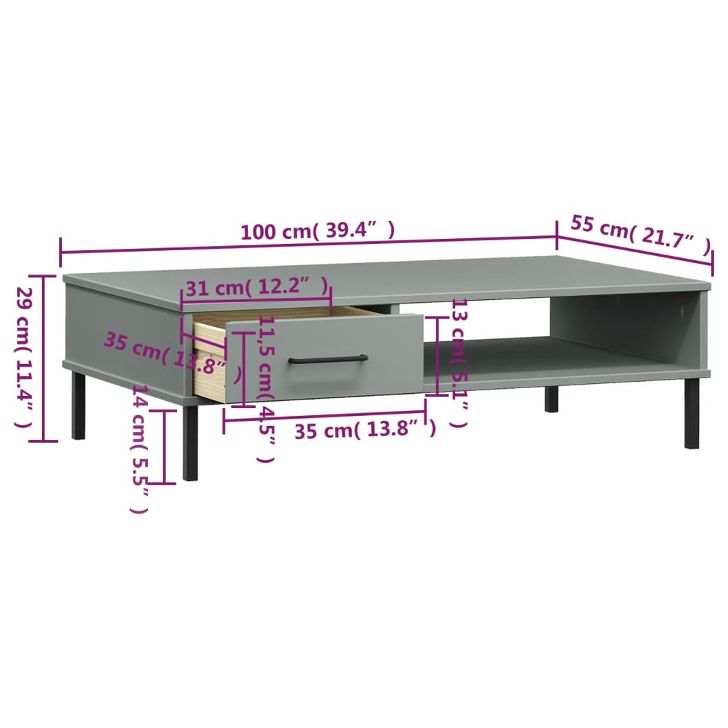 Tavolino Salotto Gambe Metallo Grigio Legno Massello Pino OSLO - homemem39