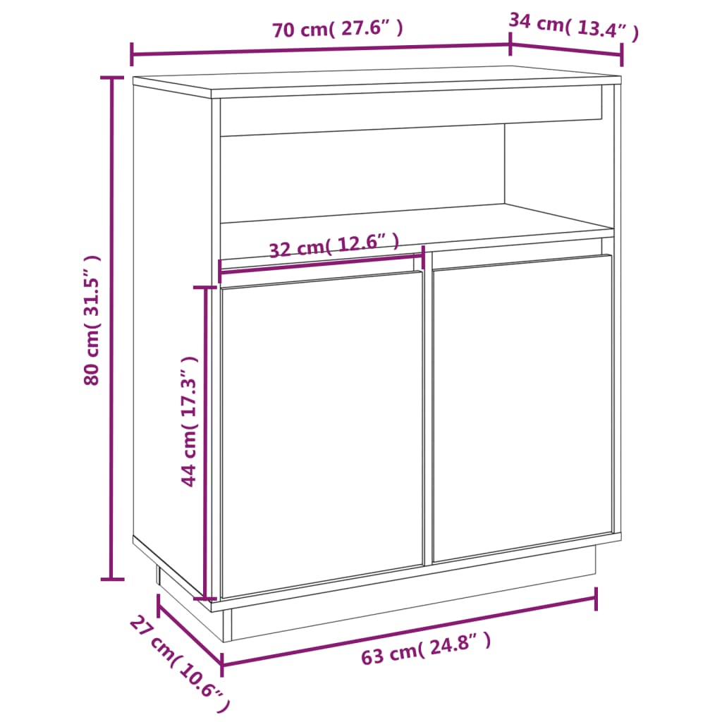 Credenza Nera 70x34x80 cm in Legno Massello di Pino - homemem39