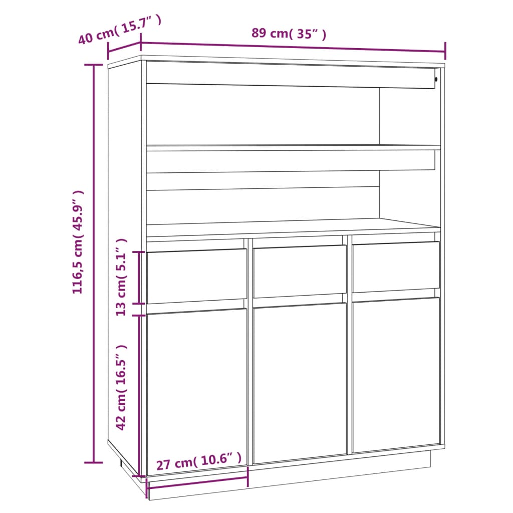 Credenza Bianca 89x40x116,5 cm in Legno Massello di Pino - homemem39