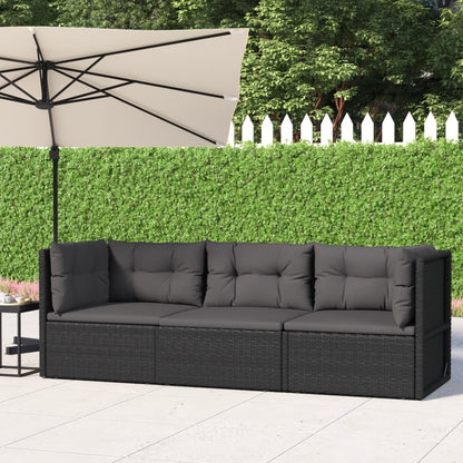 Set Divani da Giardino 3 pz con Cuscini Nero in Polyrattan - homemem39